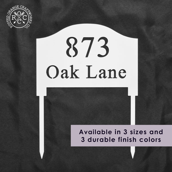 address yard sign with stake powder coated in white with banner that reads "available in 3 sizes and 3 durable finish colors"