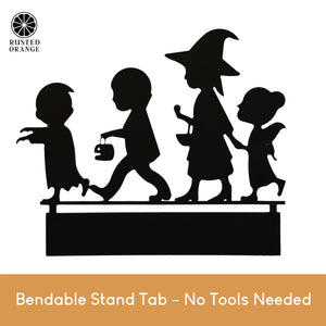 Rusted Orange Craftworks Co. Kids Trick or Treat Silhouette – 9" Wide Halloween Tabletop Metal Decoration – Vampire, Witch, Fairy & Zombie – Bendable Stand