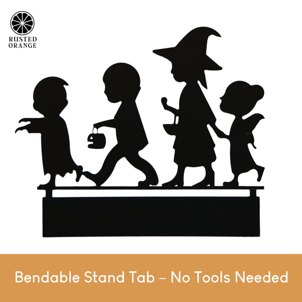 Rusted Orange Craftworks Co. Kids Trick or Treat Silhouette – 9" Wide Halloween Tabletop Metal Decoration – Vampire, Witch, Fairy & Zombie – Bendable Stand