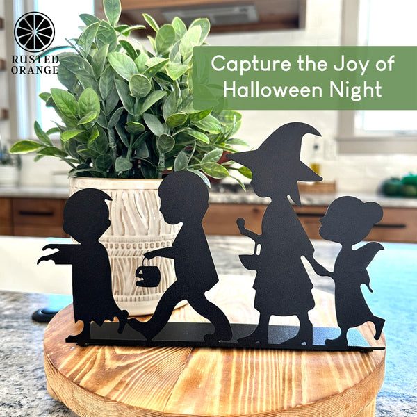 Rusted Orange Craftworks Co. Kids Trick or Treat Silhouette – 9" Wide Halloween Tabletop Metal Decoration – Vampire, Witch, Fairy & Zombie – Bendable Stand