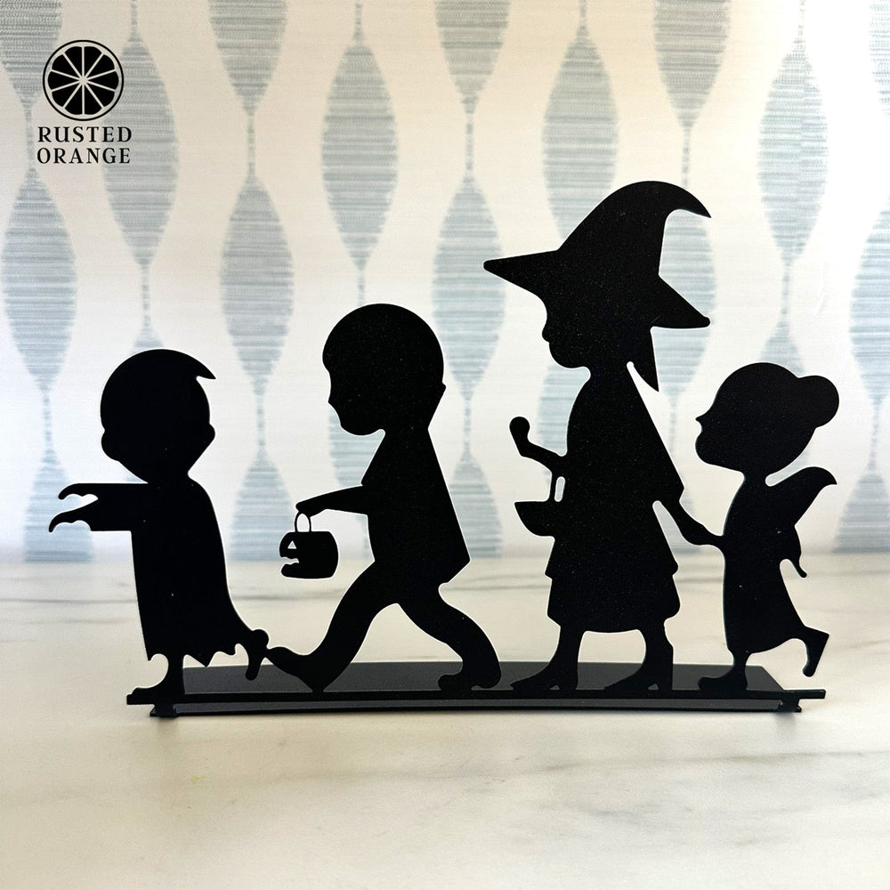 Rusted Orange Craftworks Co. Kids Trick or Treat Silhouette – 9" Wide Halloween Tabletop Metal Decoration – Vampire, Witch, Fairy & Zombie – Bendable Stand