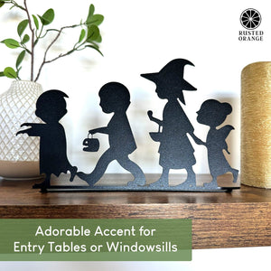 Rusted Orange Craftworks Co. Kids Trick or Treat Silhouette – 9" Wide Halloween Tabletop Metal Decoration – Vampire, Witch, Fairy & Zombie – Bendable Stand