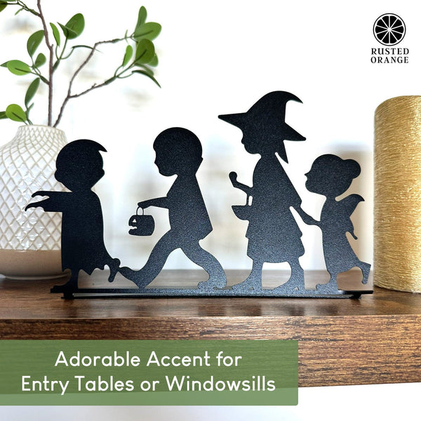 Rusted Orange Craftworks Co. Kids Trick or Treat Silhouette – 9" Wide Halloween Tabletop Metal Decoration – Vampire, Witch, Fairy & Zombie – Bendable Stand