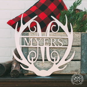 Rusted Orange Craftworks Co. Name Plates 12 inch / Raw Steel (can rust) Special Offer Antler Monogram with Name - Custom Metal Name Sign for Home Antler