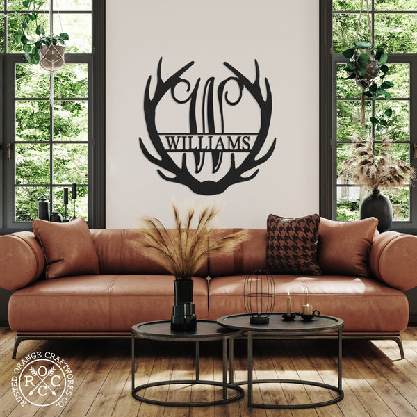 Rusted Orange Craftworks Co. Name Plates Antler Monogram with Name - 2 sizes - Custom Metal Name Sign for Home Antler