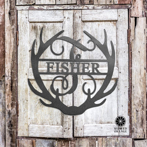 Rusted Orange Craftworks Co. Name Plates Antler Monogram with Name - Custom Metal Name Sign for Home Antler