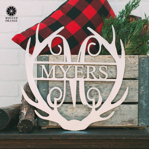Rusted Orange Craftworks Co. Name Plates Antler Monogram with Name - Custom Metal Name Sign for Home Antler