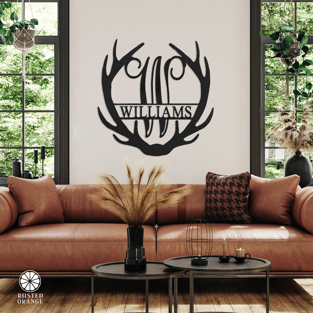 Rusted Orange Craftworks Co. Name Plates Antler Monogram with Name - Custom Metal Name Sign for Home Antler