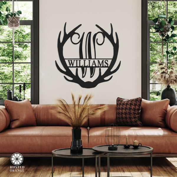 Rusted Orange Craftworks Co. Name Plates Antler Monogram with Name - Custom Metal Name Sign for Home Antler