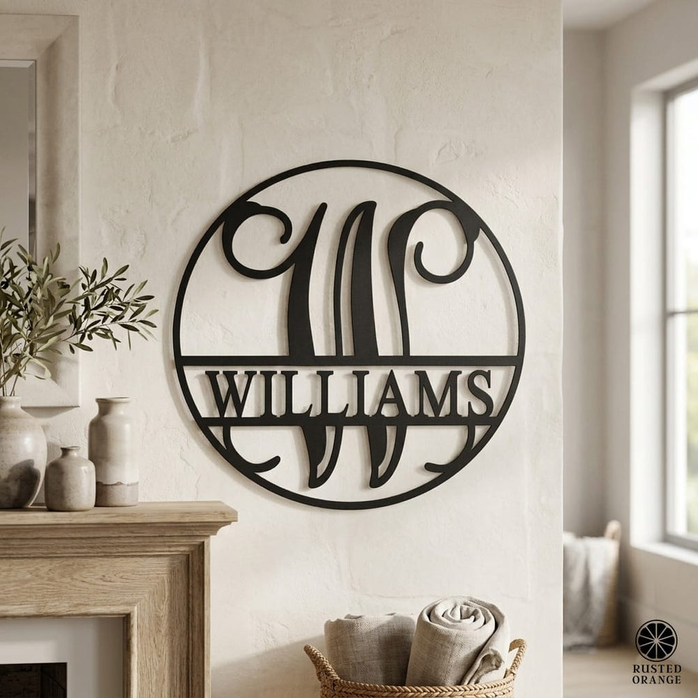 Rusted Orange Craftworks Co. Name Plates Circle Monogram With Name -  Monogram Last Name Signs for Home