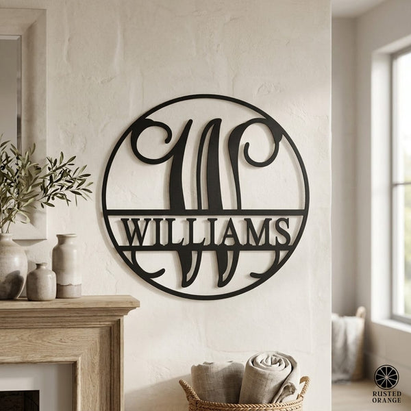 Rusted Orange Craftworks Co. Name Plates Circle Monogram With Name -  Monogram Last Name Signs for Home