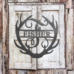 Rusted Orange Craftworks Co. Name Plates [COL] Antler Monogram with Name - Custom Metal Name Sign for Home Antler