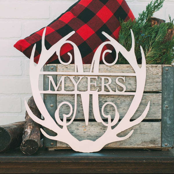 Rusted Orange Craftworks Co. Name Plates [COL] Antler Monogram with Name - Custom Metal Name Sign for Home Antler
