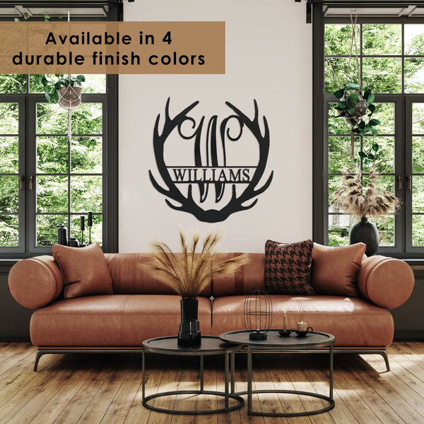Rusted Orange Craftworks Co. Name Plates [COL] Antler Monogram with Name - Custom Metal Name Sign for Home Antler