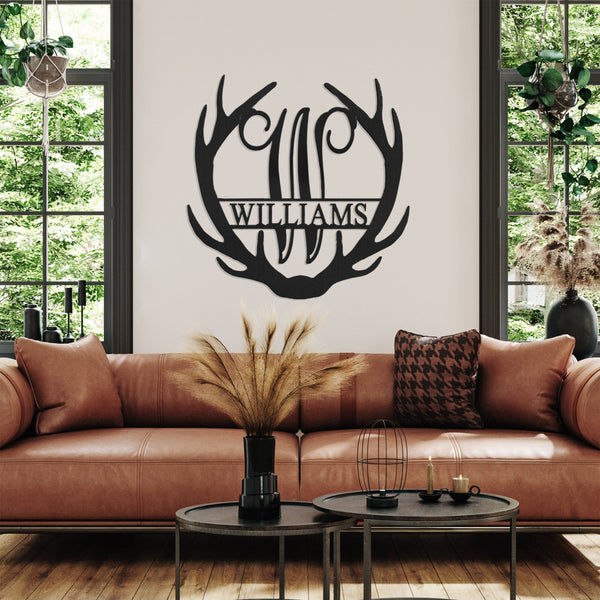 Rusted Orange Craftworks Co. Name Plates [COL] Antler Monogram with Name - Custom Metal Name Sign for Home Antler