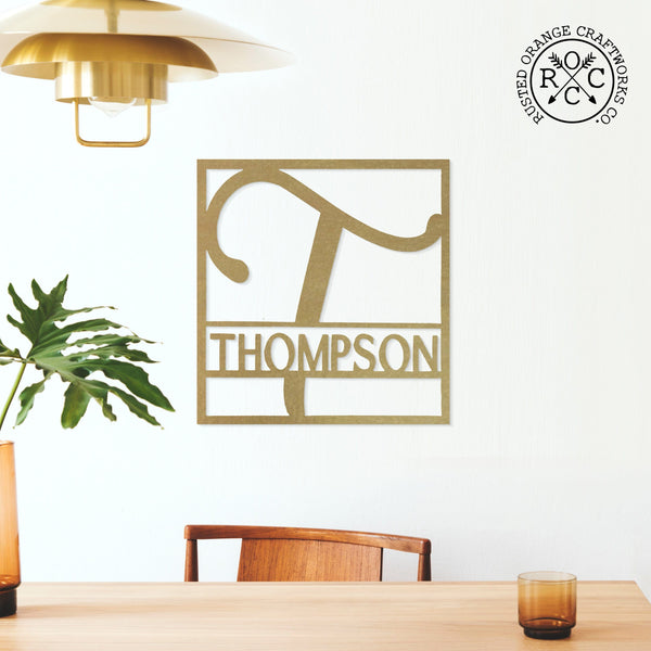Rusted Orange Craftworks Co. Name Plates Fullerton Monogram - Circle or Square - Metal Last Name Sign Wall Decor