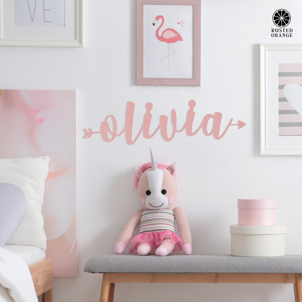 Rusted Orange Craftworks Co. name sign Calligraphy Arrow - 2 Sizes - Aesthetic Wall Decor for Room Above Bed