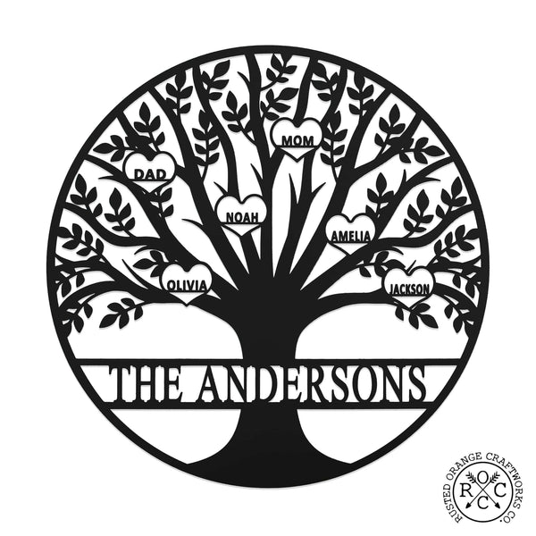 Rusted Orange Craftworks Co. name sign Tree of Life Personalized Family Tree Metal Sign with Hearts – Custom Name & Date – Large Laser Cut Steel Wall Art
