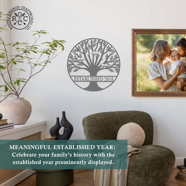 Rusted Orange Craftworks Co. name sign Tree of Life Personalized Family Tree Metal Sign with Hearts – Custom Name & Date – Large Laser Cut Steel Wall Art