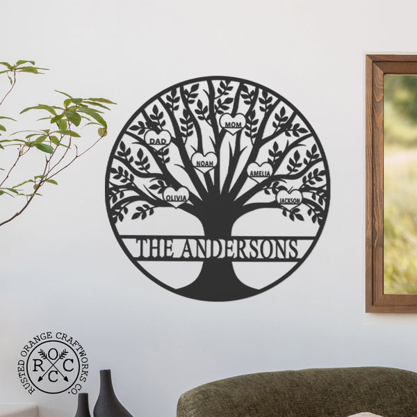 Rusted Orange Craftworks Co. name sign Tree of Life Personalized Family Tree Metal Sign with Hearts – Custom Name & Date – Large Laser Cut Steel Wall Art