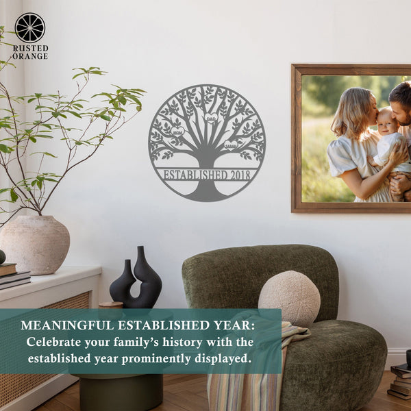 Rusted Orange Craftworks Co. name sign Tree of Life Personalized Family Tree Metal Sign with Hearts – Custom Name & Date – Large Laser Cut Steel Wall Art