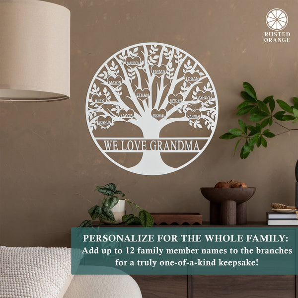 Rusted Orange Craftworks Co. name sign Tree of Life Personalized Family Tree Metal Sign with Hearts – Custom Name & Date – Large Laser Cut Steel Wall Art