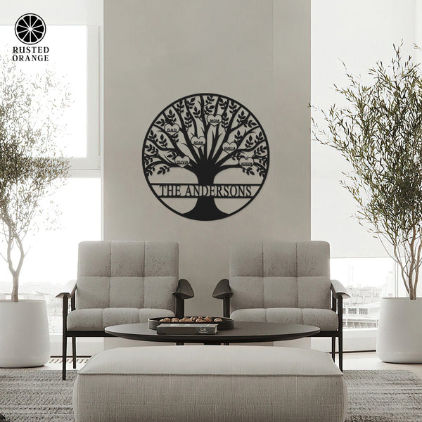 Rusted Orange Craftworks Co. name sign Tree of Life Personalized Family Tree Metal Sign with Hearts – Custom Name & Date – Large Laser Cut Steel Wall Art