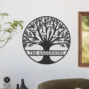 Rusted Orange Craftworks Co. name sign Tree of Life Personalized Family Tree Metal Sign with Hearts – Custom Name & Date – Large Laser Cut Steel Wall Art