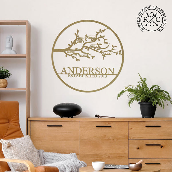 Rusted Orange Craftworks Co. Personalized Family Branch Metal Sign – Custom Name & Date Wall Art – Laser Cut Steel Circle with Names on Branch