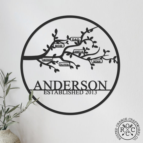 Rusted Orange Craftworks Co. Personalized Family Branch Metal Sign – Custom Name & Date Wall Art – Laser Cut Steel Circle with Names on Branch
