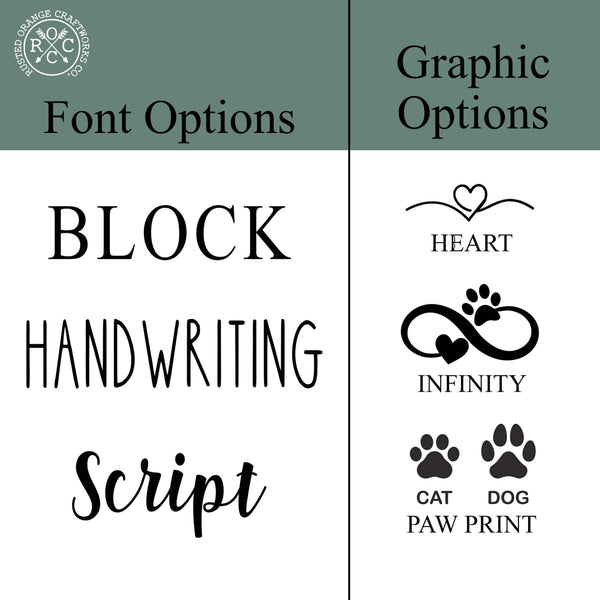 pet memorial plaque font and graphic options comparison sheet
