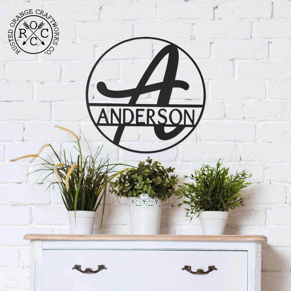 Rusted Orange Craftworks Co. Posters, Prints, & Visual Artwork Fullerton Circle Monogram - 2 Sizes - Metal Personalized Last Name with Monogram Sign
