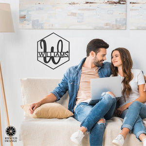 Rusted Orange Craftworks Co. Posters, Prints, & Visual Artwork Hexagon Monogram - 2 Sizes - Personalized Metal Family Name Sign For Home Decor