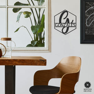 Rusted Orange Craftworks Co. Posters, Prints, & Visual Artwork Hexagon Monogram - 2 Sizes - Personalized Metal Family Name Sign For Home Decor