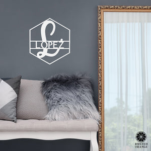 Rusted Orange Craftworks Co. Posters, Prints, & Visual Artwork Hexagon Monogram - 2 Sizes - Personalized Metal Family Name Sign For Home Decor