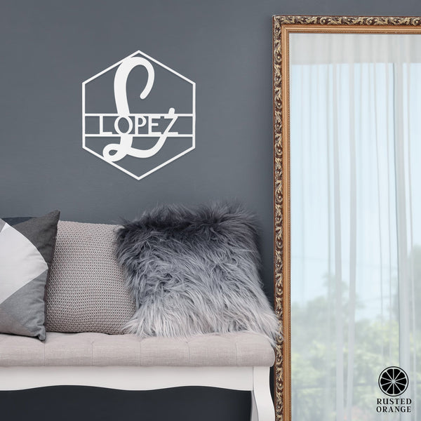 Rusted Orange Craftworks Co. Posters, Prints, & Visual Artwork Hexagon Monogram - 2 Sizes - Personalized Metal Family Name Sign For Home Decor