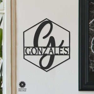 Rusted Orange Craftworks Co. Posters, Prints, & Visual Artwork Hexagon Monogram - 2 Sizes - Personalized Metal Family Name Sign For Home Decor