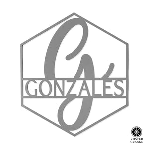 Rusted Orange Craftworks Co. Posters, Prints, & Visual Artwork Hexagon Monogram - 2 Sizes - Personalized Metal Family Name Sign For Home Decor