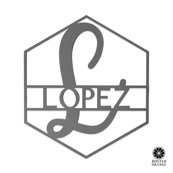 Rusted Orange Craftworks Co. Posters, Prints, & Visual Artwork Hexagon Monogram - 2 Sizes - Personalized Metal Family Name Sign For Home Decor