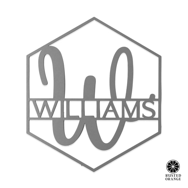 Rusted Orange Craftworks Co. Posters, Prints, & Visual Artwork Hexagon Monogram - 2 Sizes - Personalized Metal Family Name Sign For Home Decor