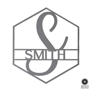 Rusted Orange Craftworks Co. Posters, Prints, & Visual Artwork Hexagon Monogram - 2 Sizes - Personalized Metal Family Name Sign For Home Decor