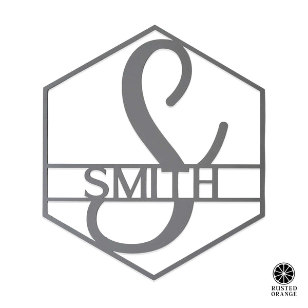 Rusted Orange Craftworks Co. Posters, Prints, & Visual Artwork Hexagon Monogram - 2 Sizes - Personalized Metal Family Name Sign For Home Decor