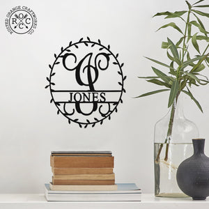 Rusted Orange Craftworks Co. Posters, Prints, & Visual Artwork Laurel Wreath Monogram - Personalized Metal Name Sign With Laurel Leaf Design