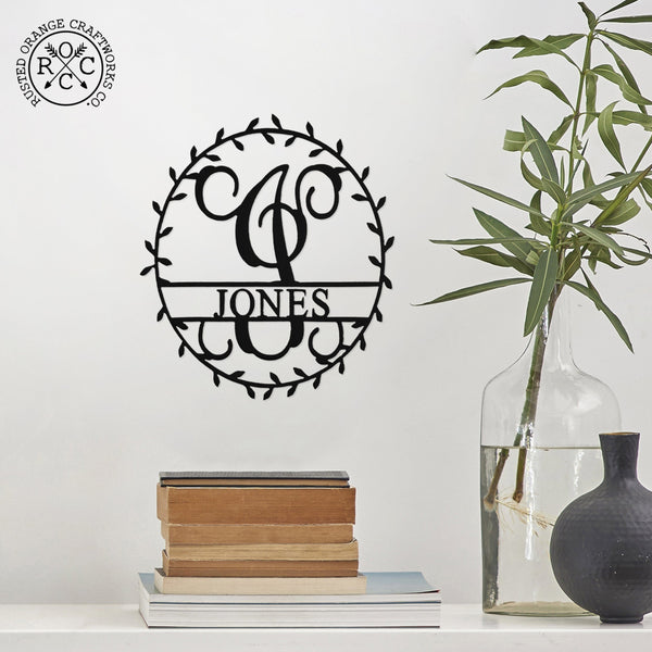 Rusted Orange Craftworks Co. Posters, Prints, & Visual Artwork Laurel Wreath Monogram - Personalized Metal Name Sign With Laurel Leaf Design