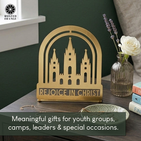 Rusted Orange Craftworks Co. Religious & Ceremonial Rejoice in Christ Temple Sign & Keychain – Salt Lake Temple Rededication Keepsake, Church Youth Gift for Young Women & Young Men, Tabletop or Hanging Steel Décor