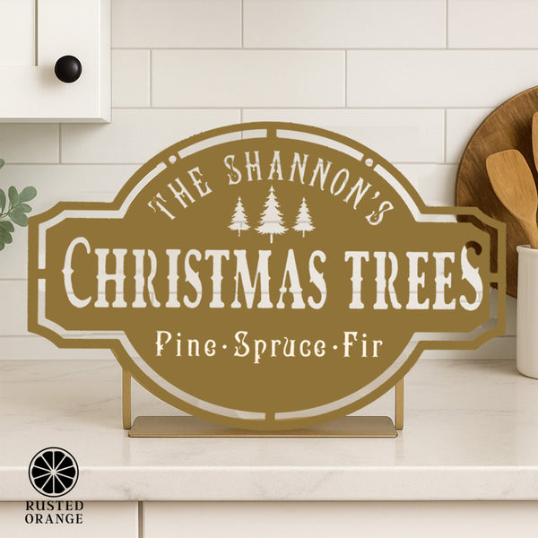 Rusted Orange Craftworks Co. Seasonal & Holiday Decorations Personalized Christmas Trees Metal Sign – Custom Holiday Farmhouse Wall Decor, Rustic Christmas Wall Art, Laser-Cut Metal Family Holiday Sign