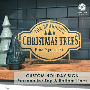 Rusted Orange Craftworks Co. Seasonal & Holiday Decorations Personalized Christmas Trees Metal Sign – Custom Holiday Farmhouse Wall Decor, Rustic Christmas Wall Art, Laser-Cut Metal Family Holiday Sign