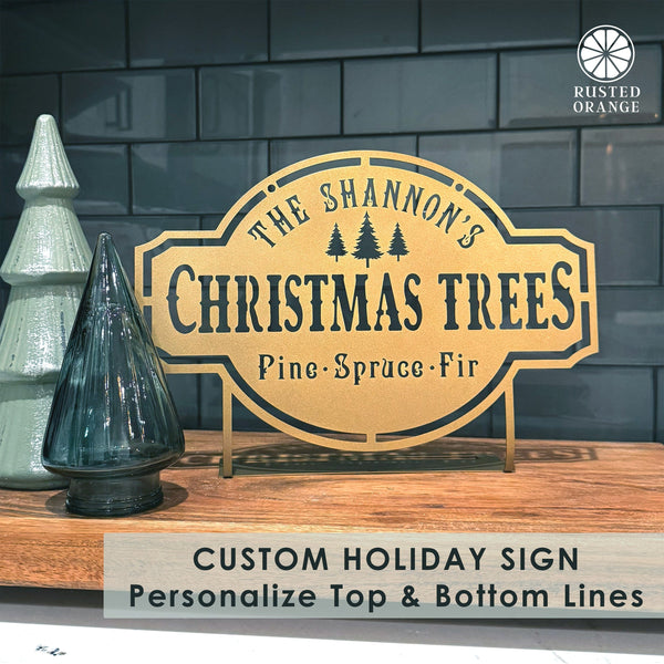 Rusted Orange Craftworks Co. Seasonal & Holiday Decorations Personalized Christmas Trees Metal Sign – Custom Holiday Farmhouse Wall Decor, Rustic Christmas Wall Art, Laser-Cut Metal Family Holiday Sign