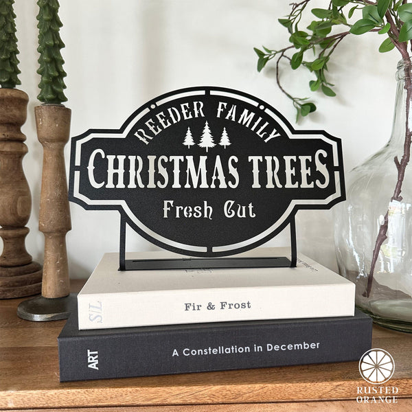 Rusted Orange Craftworks Co. Seasonal & Holiday Decorations Personalized Christmas Trees Metal Sign – Custom Holiday Farmhouse Wall Decor, Rustic Christmas Wall Art, Laser-Cut Metal Family Holiday Sign