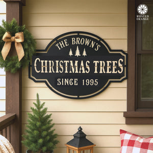 Rusted Orange Craftworks Co. Seasonal & Holiday Decorations Personalized Christmas Trees Metal Sign – Custom Holiday Farmhouse Wall Decor, Rustic Christmas Wall Art, Laser-Cut Metal Family Holiday Sign